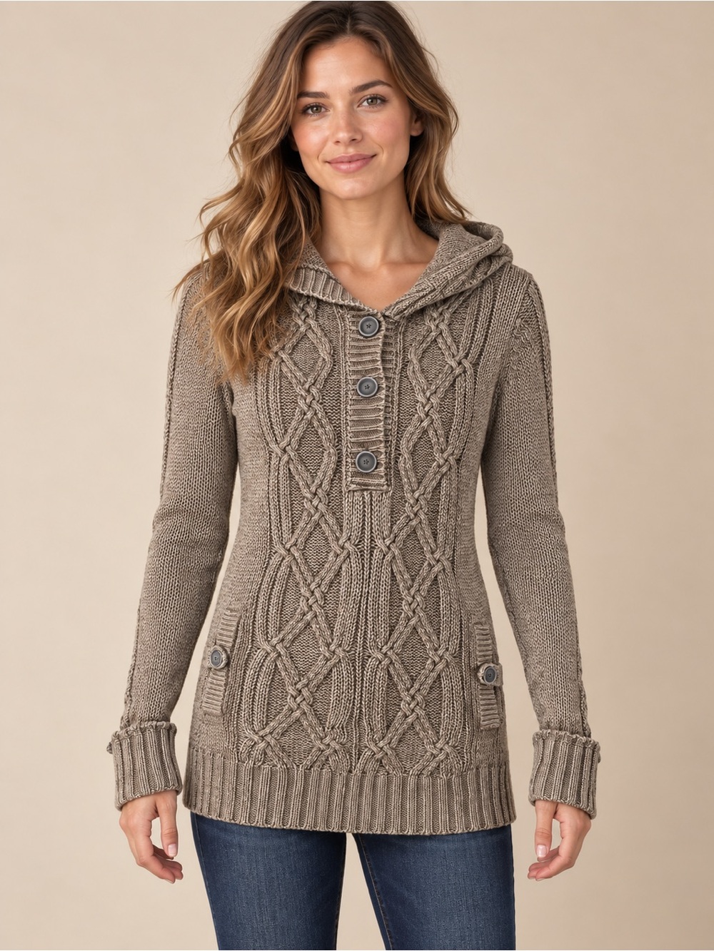 Vintage America Taupe Cable-Knit Hooded Turtleneck Sweater XS